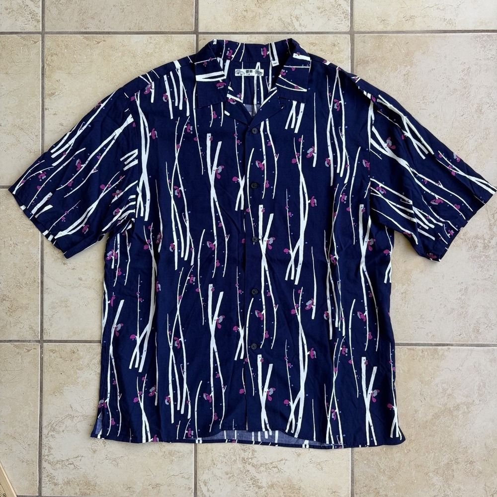 Uniqlo Shirt Mens Medium (Fits XL) Blue Rayon Camp Loop Collar Floral Japan